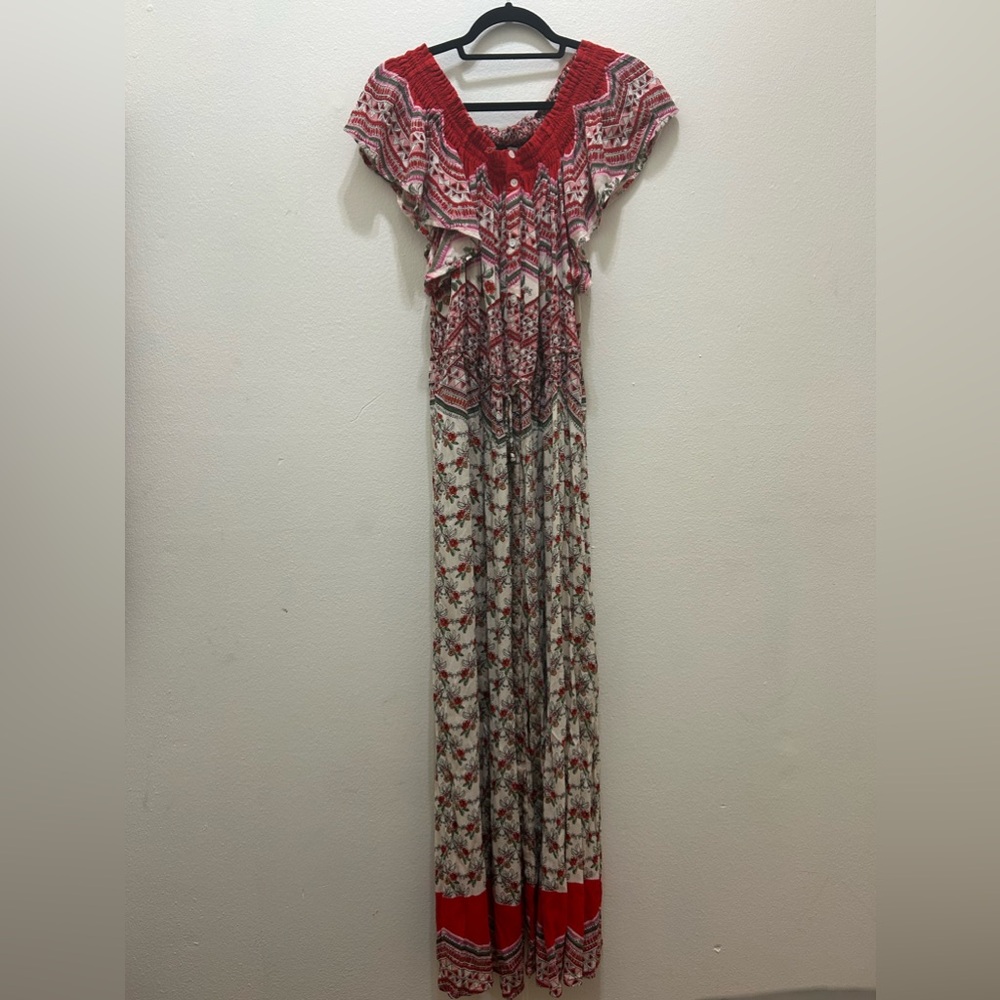 ANTHRO PATRONS OF PEACE RED MULTI COLOR OFF THE SHOULDER FLORAL MAXI DRESS - S
